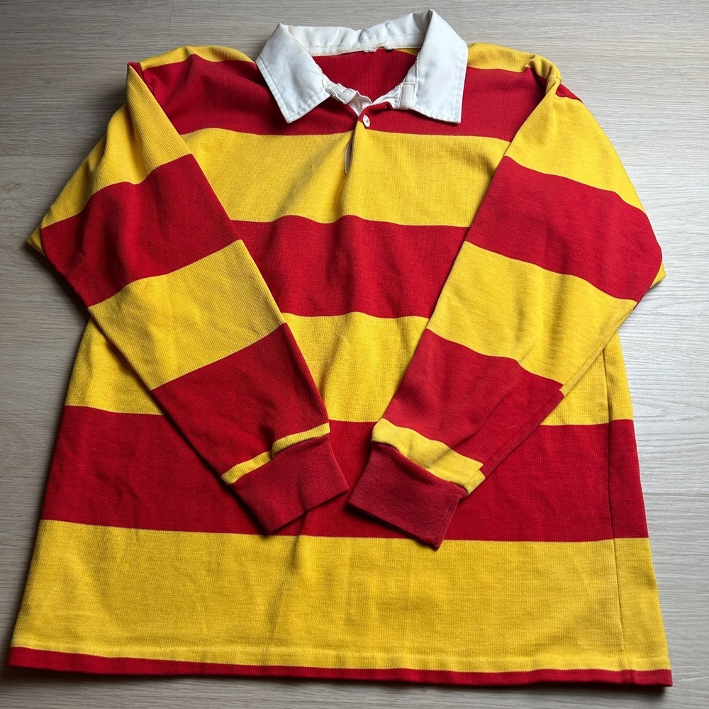 Vintage Mens Large Heavyweight Cotton Rugby Shirt Red Yellow Block Stripe Long